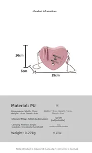 Dimensioni dettagliate della borsa in PU rosa a forma di cuore con tracolla da 120cm