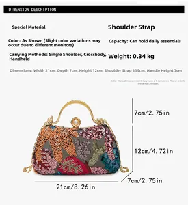 Detailed size specifications of the sequined evening clutch bag with metal handle