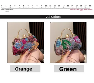 Detailed view of sequined floral evening bags in orange and green with pearl clasps