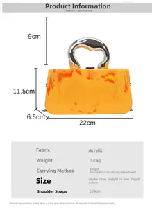 Detailed dimensions of orange marble acrylic clutch with silver handle and chain strap
