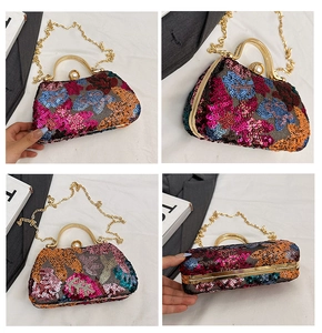 Detail view of colorful sequin floral evening bag with gold chain and pearl clasp