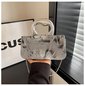 Gray marble acrylic handbag with curved silver metal handle and delicate chain strap