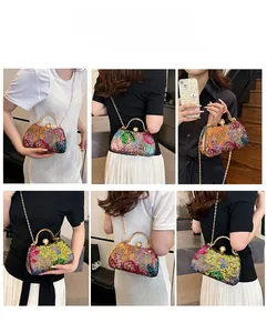 Sequin clutch with pearl clasp and chain, shown in various crossbody and hand-carry views