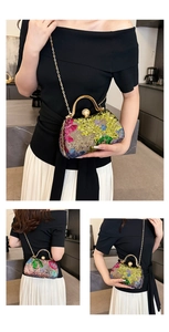 Macro detail of multicolored sequin floral clutch with pearl handle and gold chain