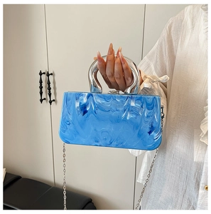 Blue marble acrylic box bag with silver metal handle and detachable chain strap