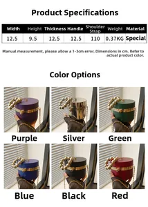 Cuadro detallado con colores y dimensiones del bolso de fiesta cilíndrico de acrílico