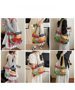 Detailed views of a knitted shoulder bag featuring colorful patchwork and 3D fish decor