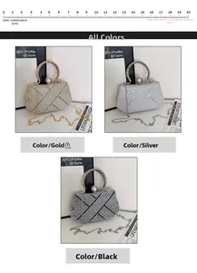 Three rhinestone evening clutch bags in gold, silver and black with pearl clasp