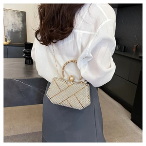 Detail of rhinestone evening bag with pearl clasp and gold chain strap on model