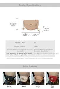 Detailed size chart and multi-color options for the rivet studded saddle bag with chain