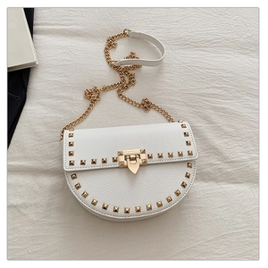 Detail of white lychee texture saddle bag featuring gold rivets and shield buckle