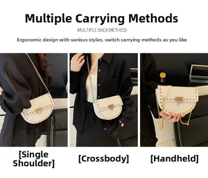 Three views of a white rivet saddle bag with gold chain strap for shoulder and crossbody use