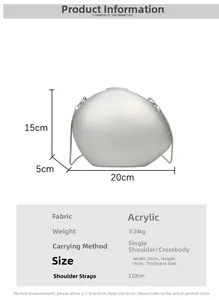 Detailed size specifications for egg-shaped acrylic evening bag with 110cm metal chain strap
