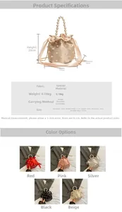 Detail view of pearl bucket bag with size dimensions and multi-color selection