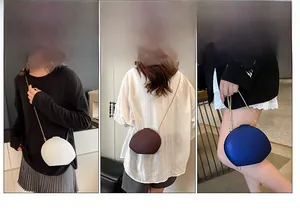 Detailed views of egg-shaped acrylic bags in white, brown, and blue with gold chain straps