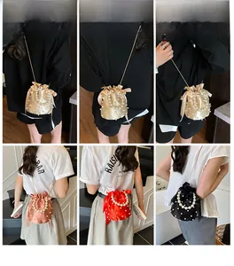 Collage of pearl pleated satin bucket bags in champagne, pink, red, and black