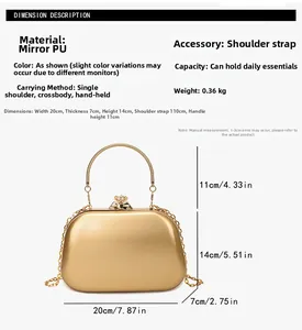 Size chart for golden shiny evening bag showing dimensions 20x14x7cm and chain strap detail