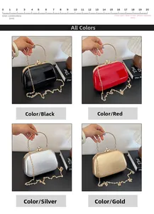 Detail showing elegant hard-shell evening clutch bags in four shiny metallic finishes
