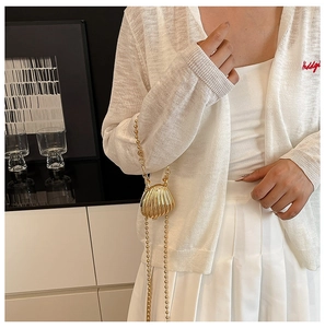 Detailed view of the gold-tone shell mini bag necklace with long beaded chain on model