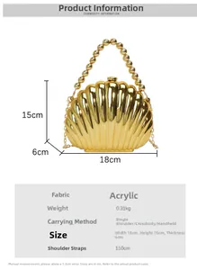 Detail view of gold shell acrylic handbag with pearl handle and dimension specs