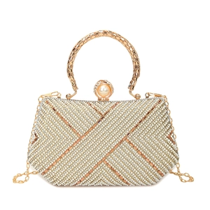Elegant rectangular evening clutch bag with faux pearls, rhinestones and gold chain strap