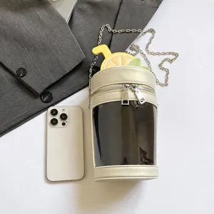 Detail of lemon tea cup shaped bag showing metal chain, zipper, and transparent window
