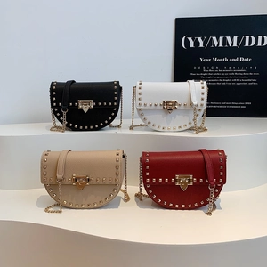 Fashionable rivet saddle bag with chain strap in black white beige and wine red
