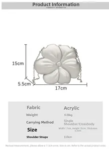 Detailed size specifications for the silver acrylic flower crossbody evening bag