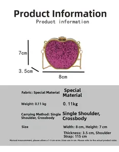 Pink glitter heart evening bag details showing size dimensions and golden chain strap