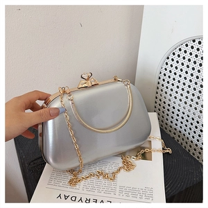 Silver evening clutch bag with gold trim, diamond clasp and dual chain straps detail
