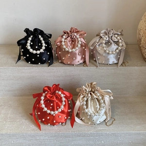 Satin Drawstring Bucket Bag Artificial Pearl Beaded Handle Ribbon Bow Crossbody Chain Strap Elegant Evening Handbag For Women