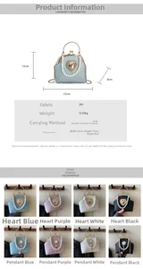 Detailed view of pearl-embellished shell bag with size specs and color variants