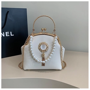 Detail of white pearl shell bag with gold handle, fringe tassel, and metal chain