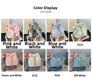 Collage of quilted denim bucket bags with chain straps in eight assorted colors