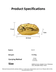 Detail specifications of shell-shaped gold evening clutch bag with size measurements