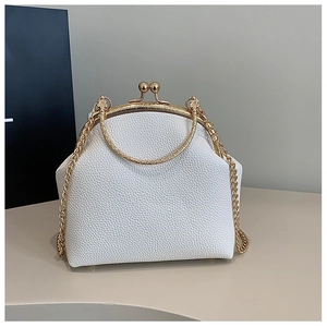 Detail of white lychee texture shell bag with golden metal frame and round clip closure