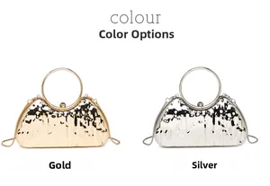 Detail of gold and silver evening clutches with hammered texture and round metal handles