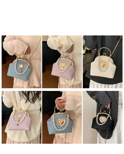 Collage of pearl handle vintage shell bags shown in blue pink white and black
