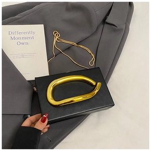 Detail of black acrylic box bag featuring an artistic gold metal handle and chain strap