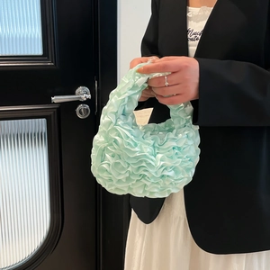 Mint green pleated ruffled handbag with satin silk texture in sweet Japanese style