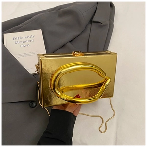 Close-up of golden acrylic box bag featuring metal C-ring handle and snake chain strap