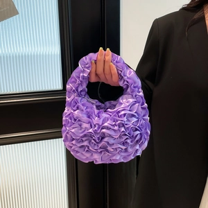 Japanese style purple pleated handbag with lace ruffles and elegant satin texture