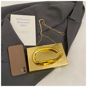 Detail of gold acrylic box bag with metal circular handle and chain on elegant blazer