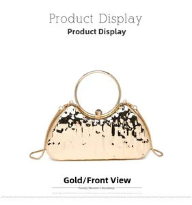 Front view of gold metallic evening clutch with pleated texture and round handle