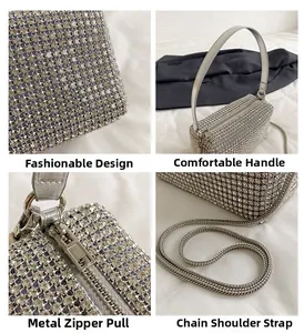 Detail view of shimmering silver rhinestone bag with elegant chain strap and sleek zipper