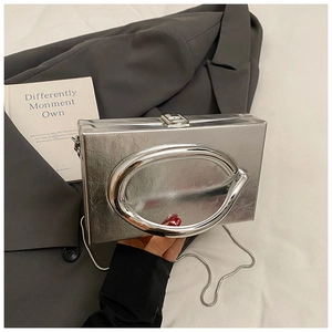 Close-up of silver acrylic box bag with metallic ring handle and snake chain strap