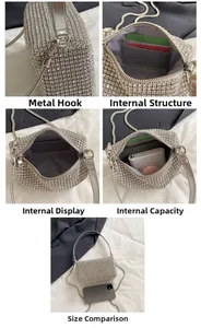 Detailed views of silver rhinestone crossbody bag showing interior capacity and metal chain