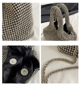 Detail of silver rhinestone evening bag with magnetic closure and metal chain strap