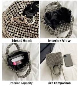 Interior view showing metal hardware and capacity of the silver rhinestone bucket bag