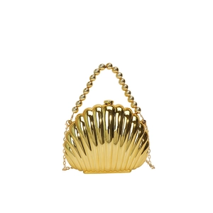 Golden seashell evening clutch bag with beaded handle and chain strap for women